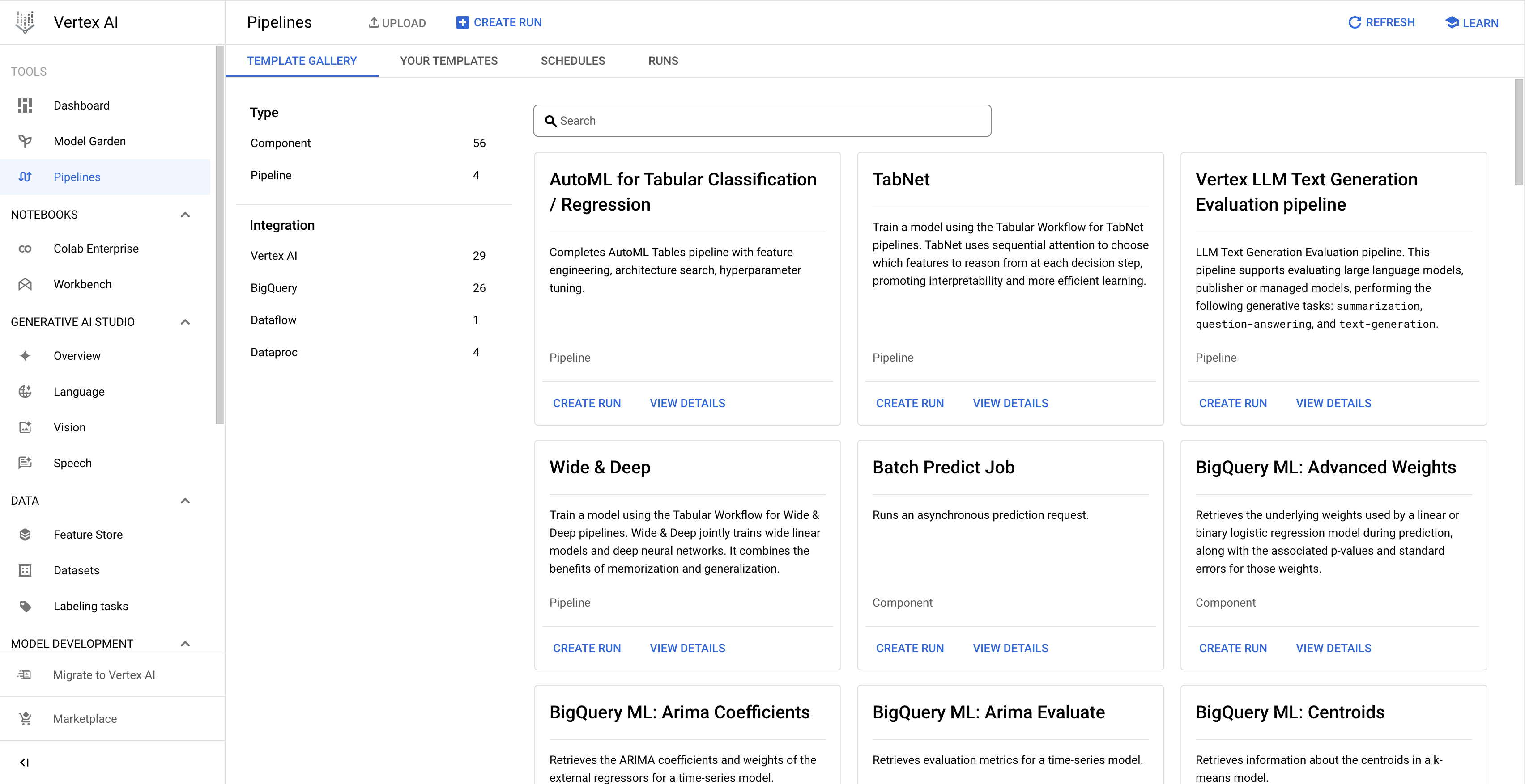 Mostra la pagina Galleria modelli contenente i modelli di pipeline creati da Google per Tabular Workflows