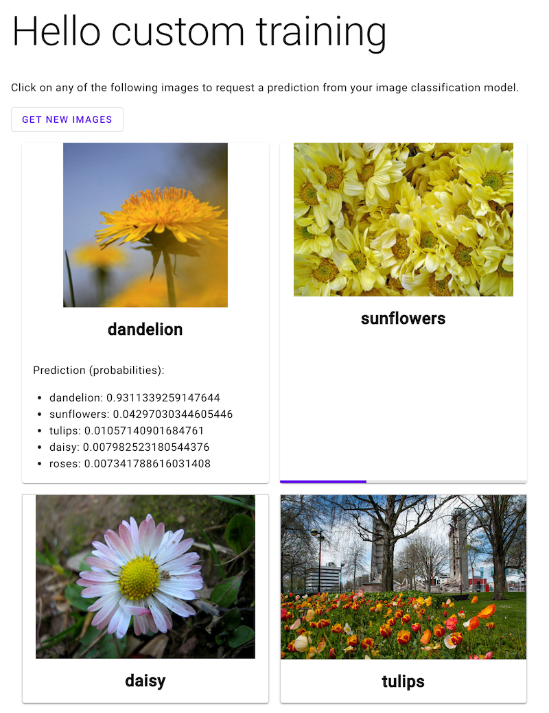 Web app with four labeled images of flowers. One has probabilities of
      predicted labels underneath it. Another has a loading bar underneath it.